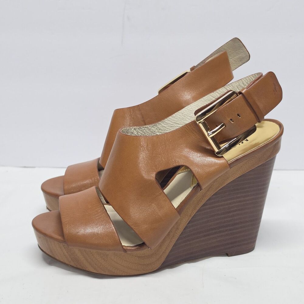 Michael Kors Carla Platform Brown Leather Wedge Sandals Gold Tone Buckle Sz 8M